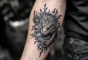 powerful majestic reptile, surrounded by floral ornaments tattoo idea