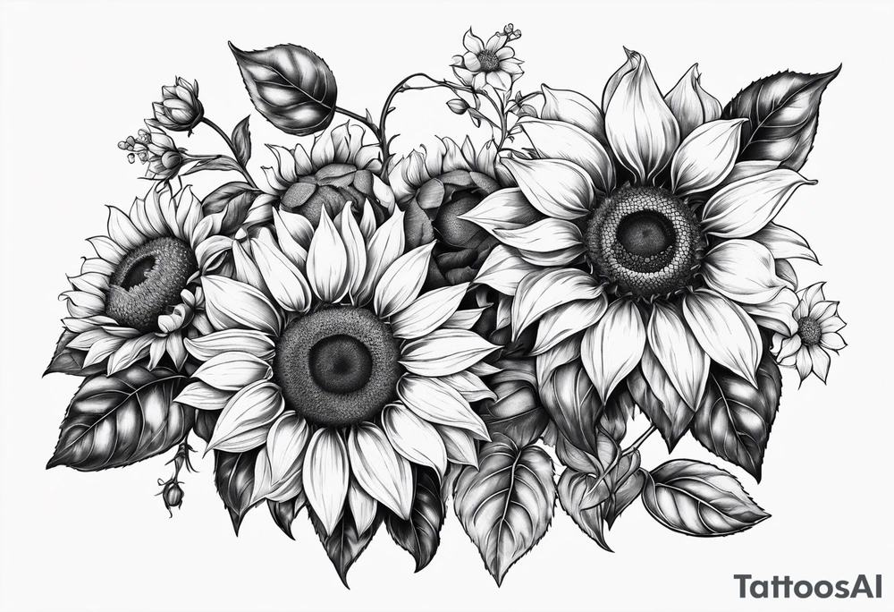 2 sunflowers with forget me nots intertwined tattoo idea