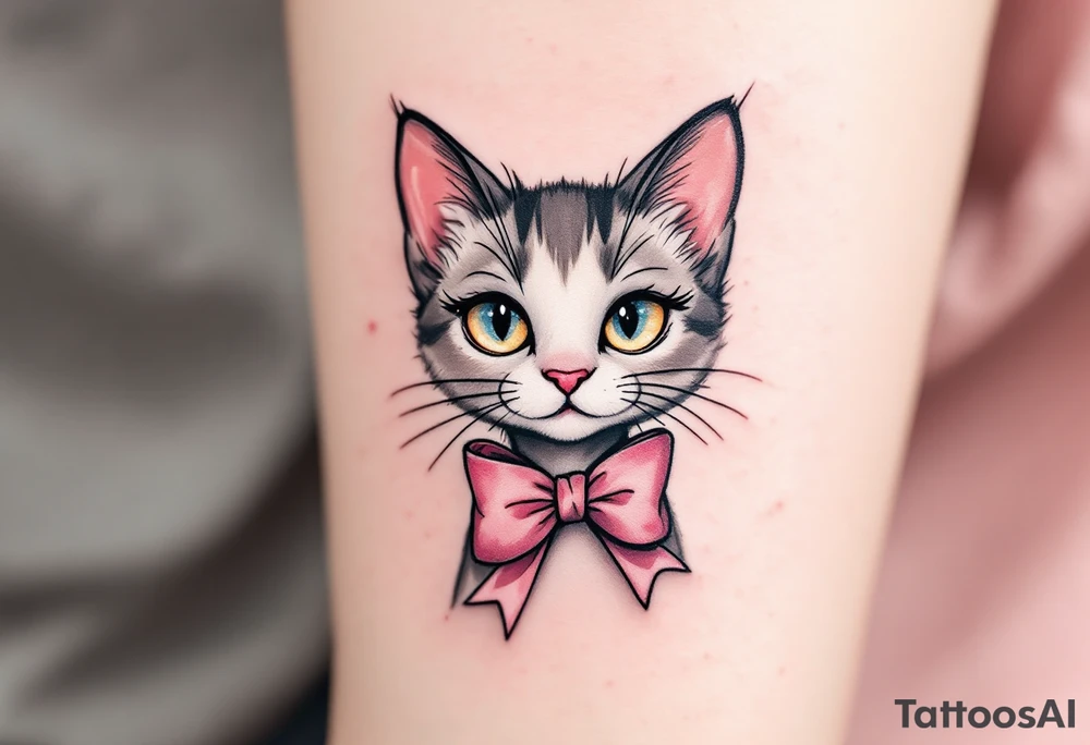 This cute cat tattoo of Marie with two pink bows in soft whites and pinks is a must for any The Aristocats fan. tattoo idea