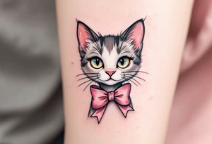 This cute cat tattoo of Marie with two pink bows in soft whites and pinks is a must for any The Aristocats fan. tattoo idea