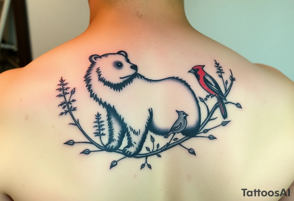 Woodland with a bear, woodpecker and cardinal tattoo idea