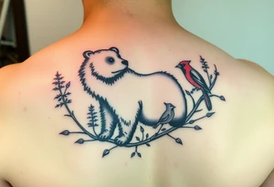Woodland with a bear, woodpecker and cardinal tattoo idea