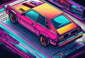 A synthwave scene with a casette, a car from the 80's and an old school computer tattoo idea