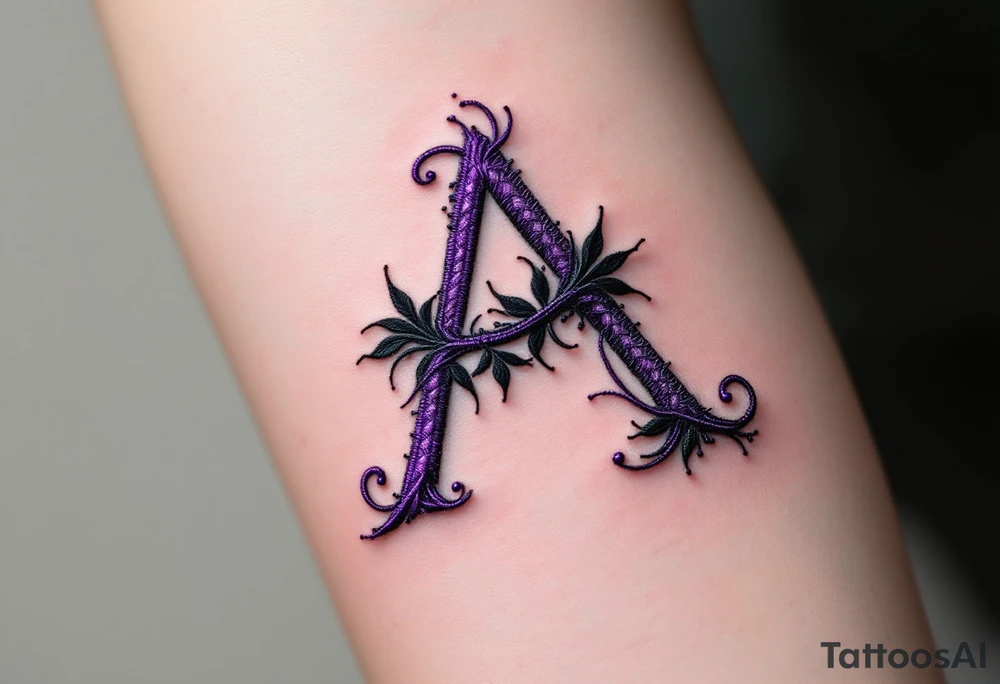 A stitched "A" design in dark purple and black, resembling embroidery. tattoo idea