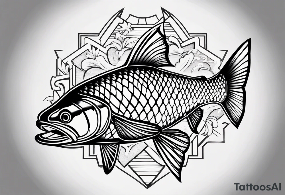 A small tattoo featuring a trout as the main theme, using only color combinations. Minimalistic, tatoo, in artistic or geometric design tattoo idea