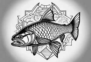 A small tattoo featuring a trout as the main theme, using only color combinations. Minimalistic, tatoo, in artistic or geometric design tattoo idea