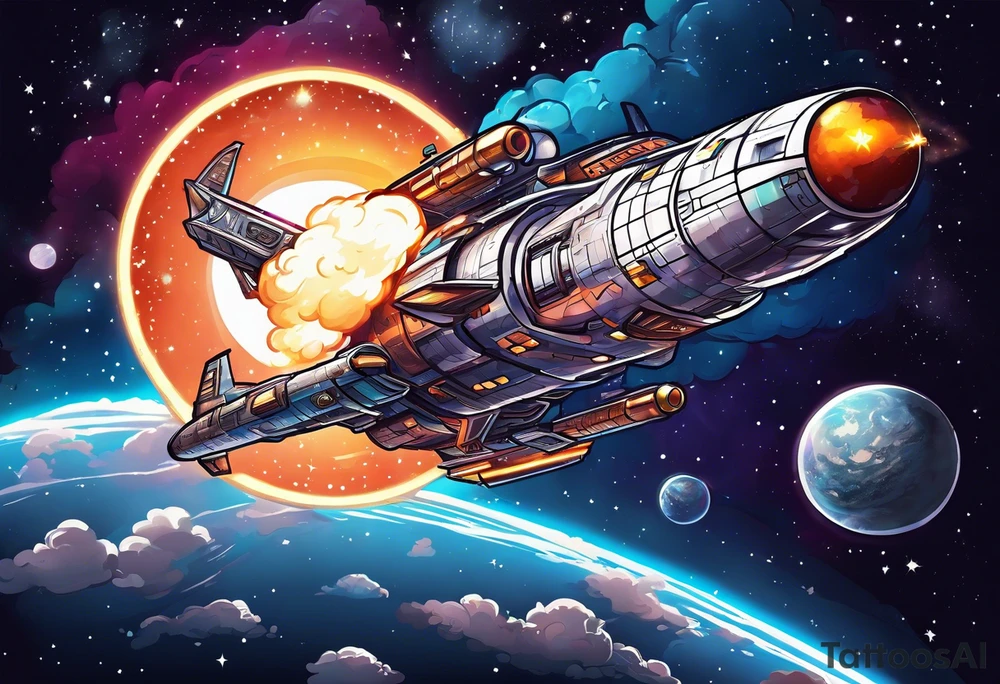 Space ship shooting into space with the heavens opening tattoo idea