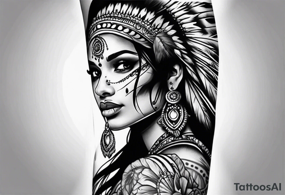 indian woman face 
theme leg sleeve tattoo idea