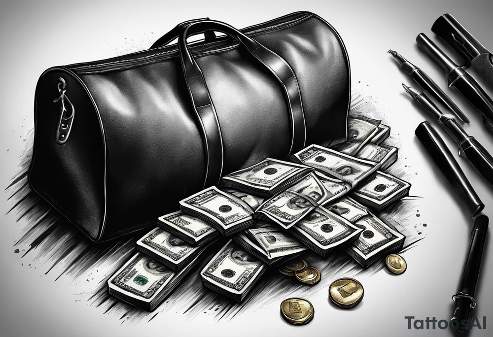 Criminal robbing bank with duffle bag and gun money flying everywhere tattoo idea