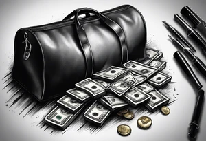 Criminal robbing bank with duffle bag and gun money flying everywhere tattoo idea
