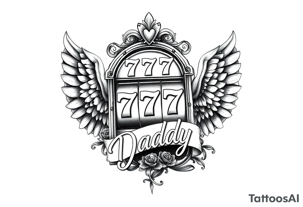 Slot machine with 777 and the word Daddy with angel wings tattoo idea