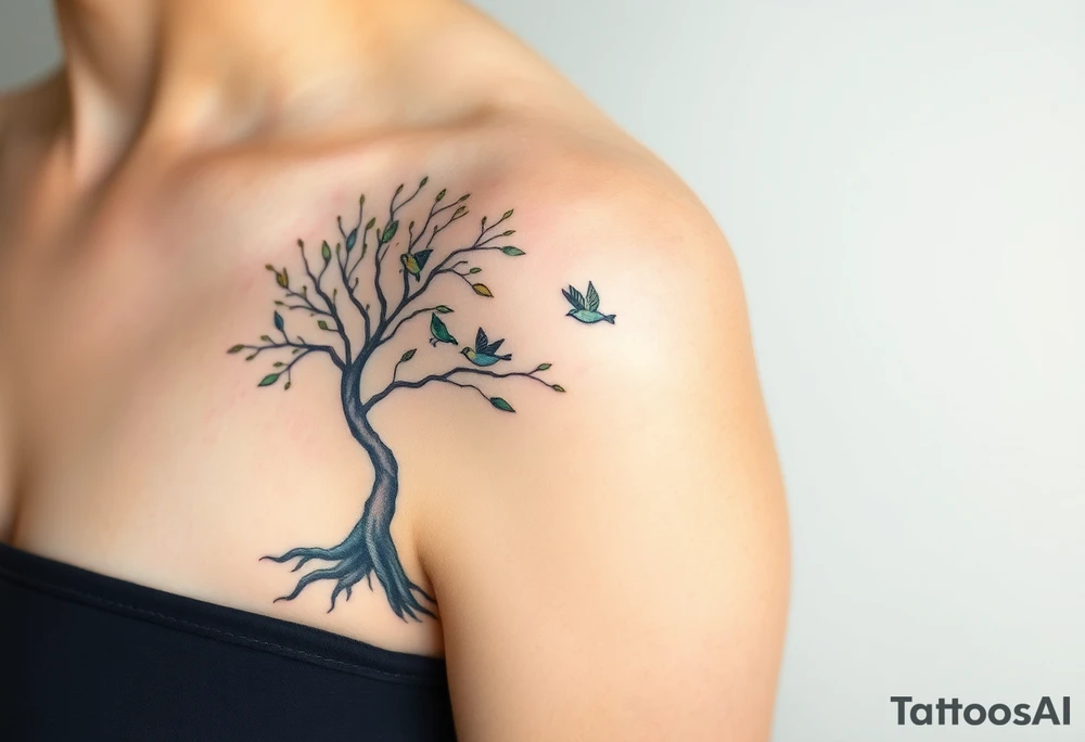 A delicate tree with deep roots with four tiny birds flying from its branches, representing the growth and independence of each family member tattoo idea