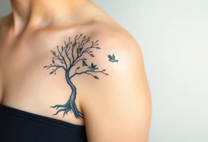 A delicate tree with deep roots with four tiny birds flying from its branches, representing the growth and independence of each family member tattoo idea