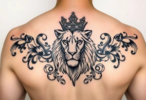 majestic lion wearing ornate crown, surrounded by baroque flourishes tattoo idea