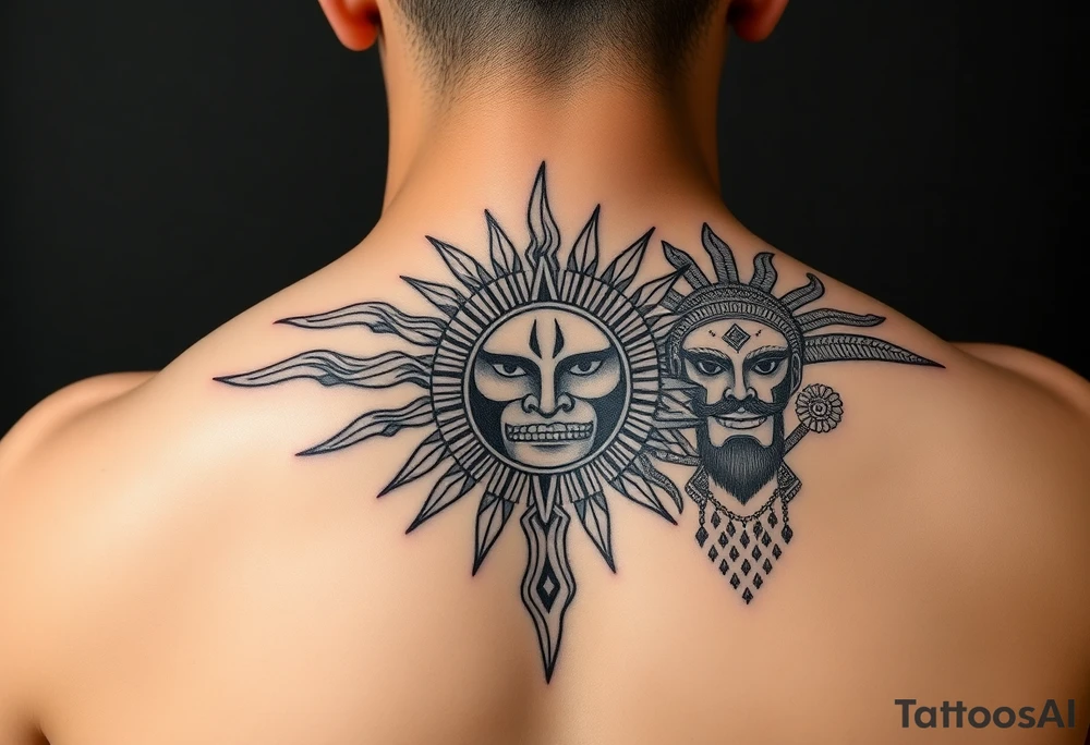 Curicaueri the sun god with purépecha line designs and Cuitzeo the war god tattoo idea