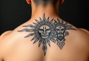 Curicaueri the sun god with purépecha line designs and Cuitzeo the war god tattoo idea