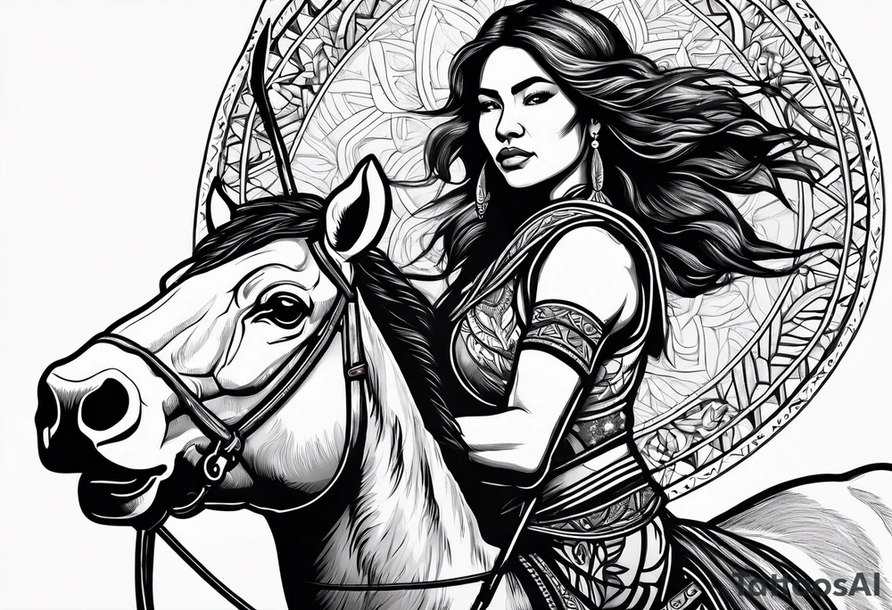 native woman female archer riding on buffalo tattoo idea