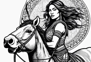 native woman female archer riding on buffalo tattoo idea