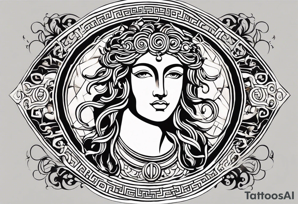 Craft an abstract yet distinctly ancient Greek-inspired tattoo design featuring Dionysus and Clio. Incorporate motifs from classical Greek art such as geometric patterns, meander borders, and stylized representations of the gods. For Dionysus, integrate symbols like grape clusters, ivy leaves, or the thyrsus staff in a dynamic and fluid composition, capturing the essence of his revelry and passion. Similarly, for Clio, infuse elements like scrolls, laurel wreaths, or the lyre into the design, evoking a sense of scholarly enlightenment and artistic inspiration. Ensure the overall aesthetic echoes the elegance and timelessness of ancient Greek art, offering a unique interpretation of these revered deities tattoo idea