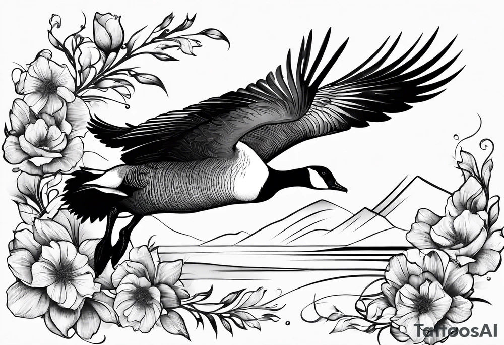 canadian goose taking off profile flowers tattoo idea