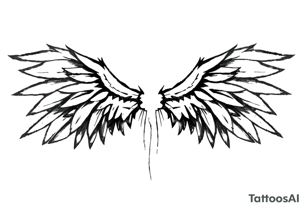 This tattoo design features a pair of stylized wings drawn in black ink with a sketch-like, abstract aesthetic. The wings are composed of sharp, angular feathers with jagged edges, giving them a rough, almost tribal or gothic appearance. The shading is done with a mix of soft gradients and stippling, adding depth and texture to the design. The center where the wings meet is fragmented, with thin lines extending downward, creating a sense of movement and raw energy. This design would make for a bold and edgy tattoo, symbolizing freedom, strength, or a rebellious spirit. tattoo idea