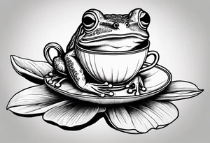 A frog on a lily pad drinking a cup of tea with one pinky up. tattoo idea