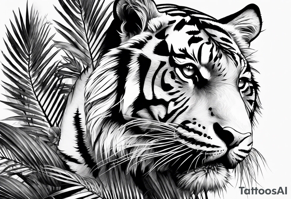tiger laying on palm tree tattoo idea