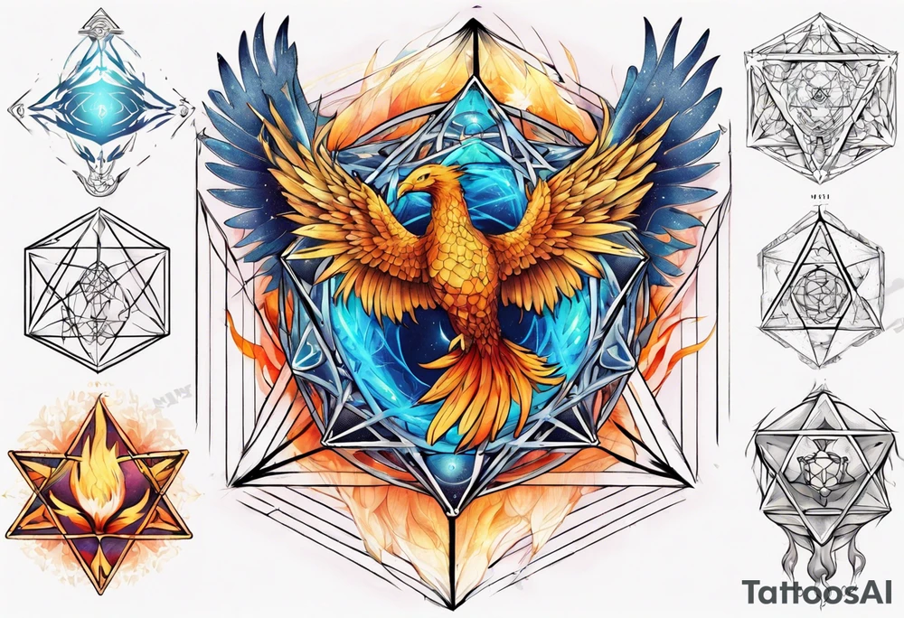 sacred geometry Metatron's cube with phoenix. Sleeve tattoo idea