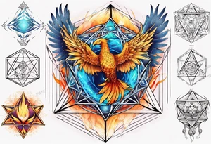 sacred geometry Metatron's cube with phoenix. Sleeve tattoo idea