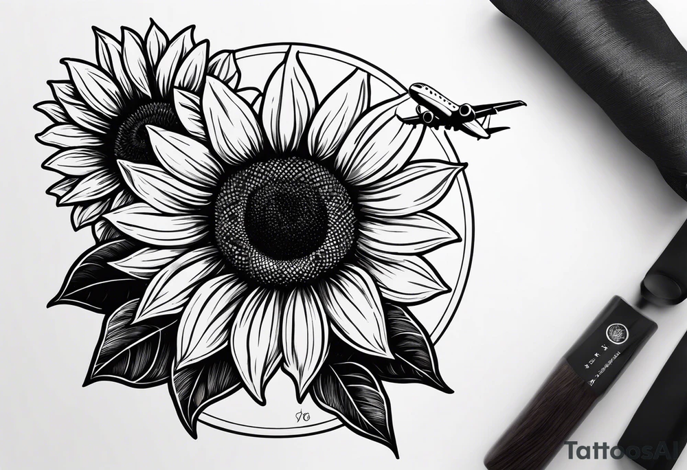 Make a minimalistic vertical postage stamp tattoo design with sunflowers at the bottom and a modern airplane flying over in the background tattoo idea