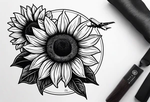 Make a minimalistic vertical postage stamp tattoo design with sunflowers at the bottom and a modern airplane flying over in the background tattoo idea