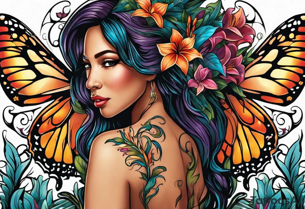 Portrait full length of Hispanic wood nymph made or bark and branches standing upright.  Butterflies in background. Lillies near her feet with colorful vegetation. tattoo idea