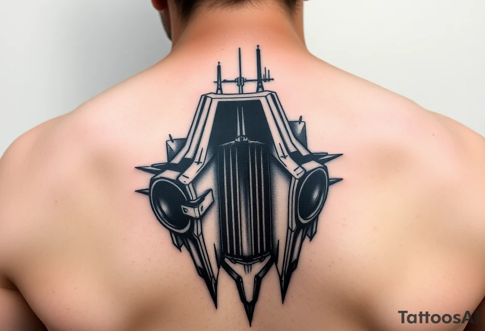 a back tattoo that looks like an exhaust vent, have it to where theres two exhausts on both back sides, try to make it look like a vertical scifi exhaust tattoo idea