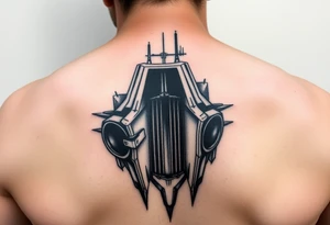 a back tattoo that looks like an exhaust vent, have it to where theres two exhausts on both back sides, try to make it look like a vertical scifi exhaust tattoo idea