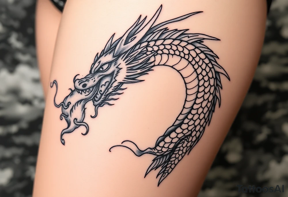 fierce dragon breathing iridescent fire against stormy skies tattoo idea