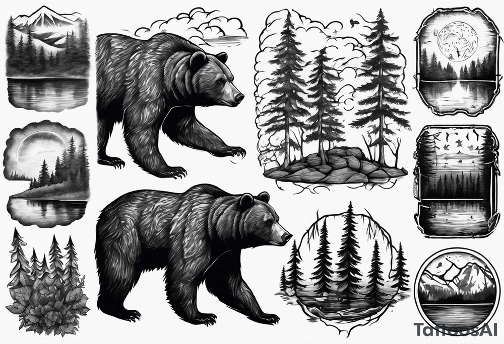 bear, forest, lake, appalachia, arm sleeve tattoo tattoo idea