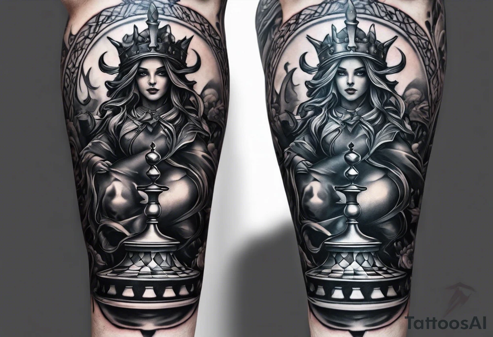 Design a leg sleeve featuring a chessboard with angelic and demonic chess pieces engaged in a strategic game, symbolizing the eternal battle between opposing forces. tattoo idea