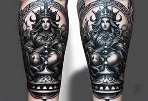 Design a leg sleeve featuring a chessboard with angelic and demonic chess pieces engaged in a strategic game, symbolizing the eternal battle between opposing forces. tattoo idea