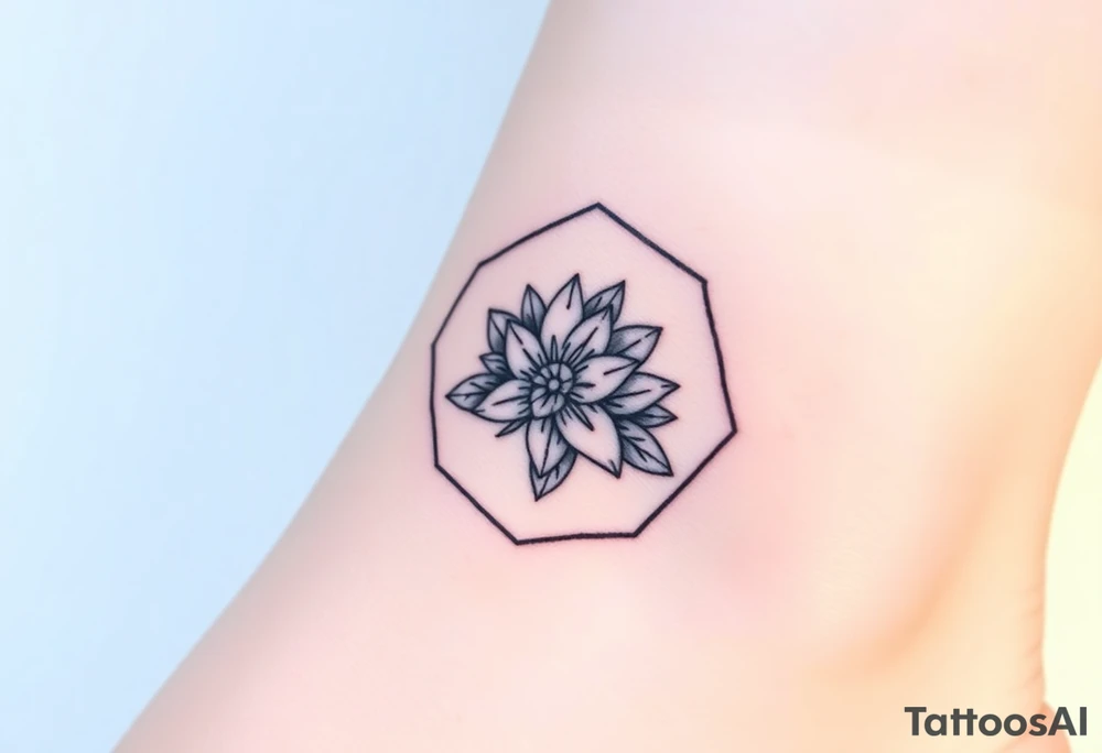 Faint Hexagon with Leo, larkspur and water lilies in the center tattoo idea