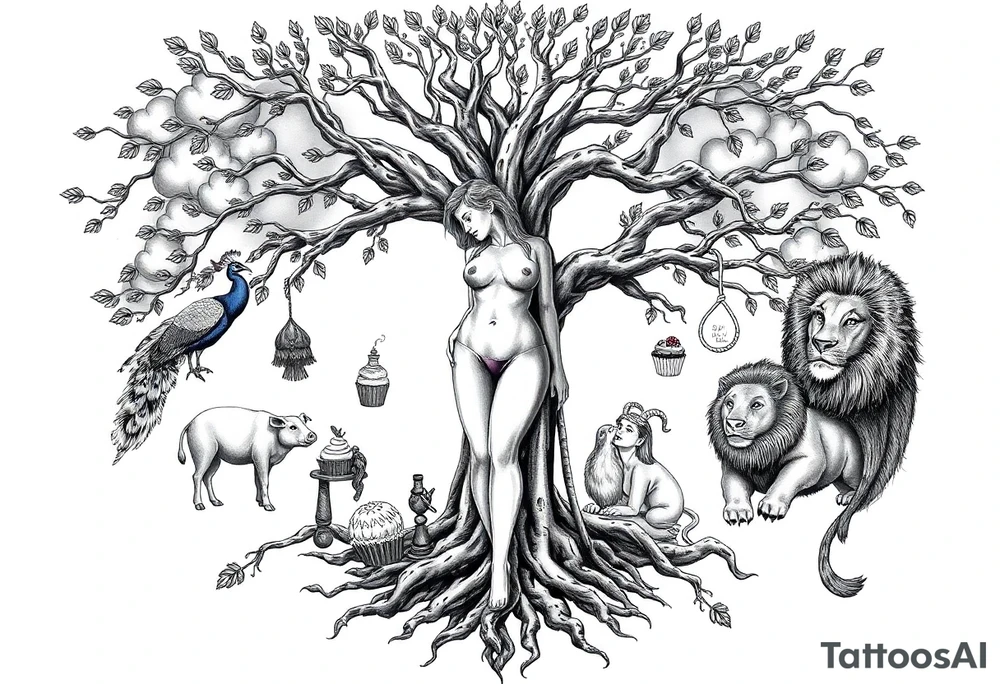 mystical tree of life with cosmic roots and celestial branches fat naked sexy woman , peacock , pig , cupcakes, liquor, cigerette, Storm clouds, pig, peacock , fat sexy naked fat woman, cupcakes, noose , money, goat lion, couple having sex, cigerette storm lightening, killing, darkness death, violent majestic creatures tattoo idea