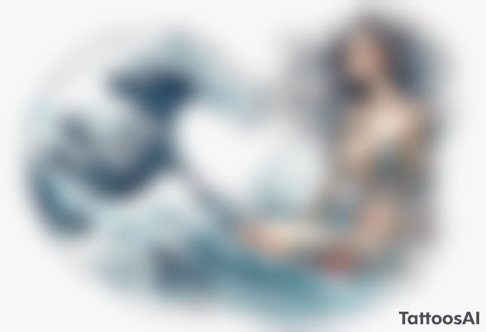 a tall see-through woman covered with water, sitting upon a wave tattoo idea