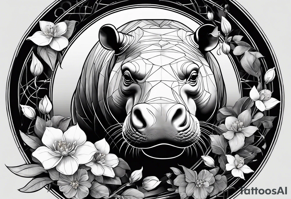 Very asymmetrical, +geometric pattern, with realistic full moon, with seeious looking hippo,,
with wintersweet flower bud, +portrait orientation, +inkart touch, tattoo idea
