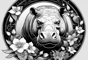 Very asymmetrical, +geometric pattern, with realistic full moon, with seeious looking hippo,,
with wintersweet flower bud, +portrait orientation, +inkart touch, tattoo idea
