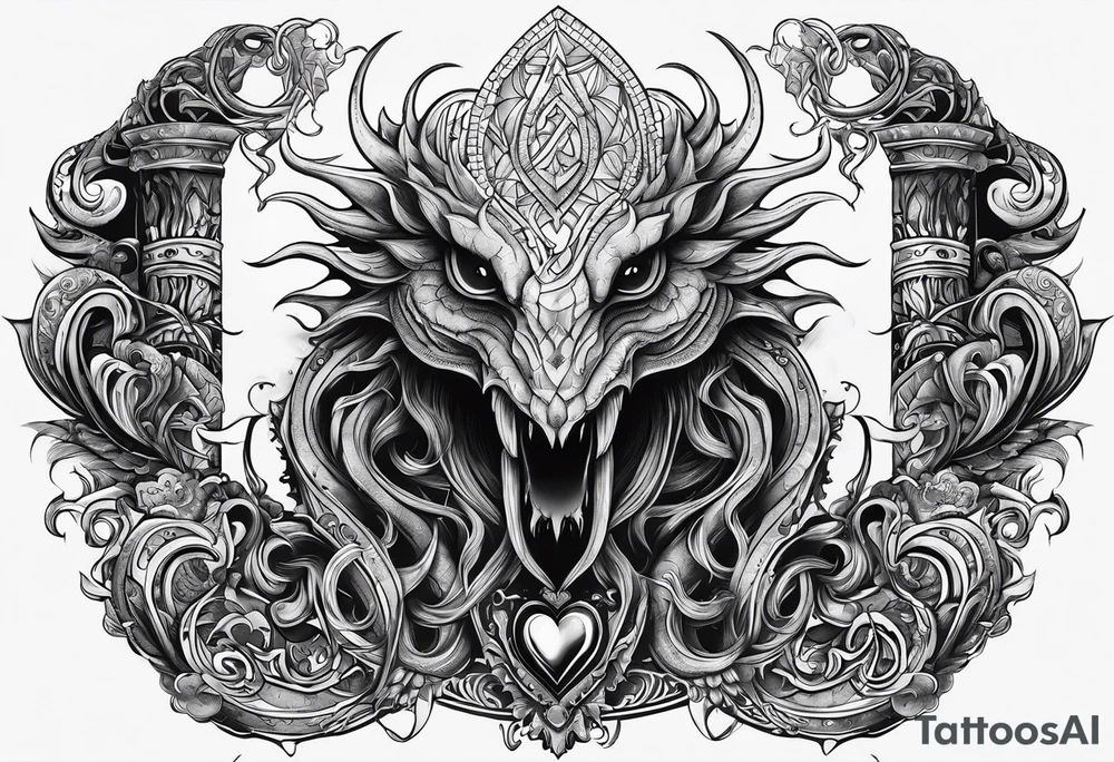 Long tattoo for arm. Lovecraftian creature, protecting a heart. Ctulhu. tattoo idea