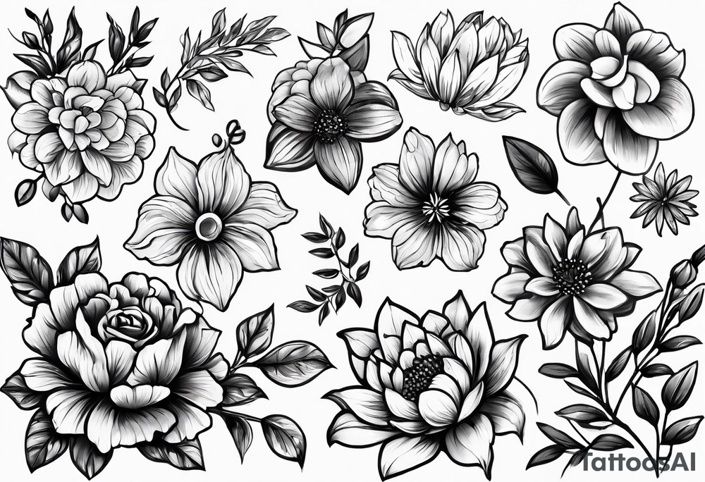 Small tattoo flower bunch using July flower, November flower, May flower, May flower, August flower and February flower tattoo idea