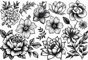 Small tattoo flower bunch using July flower, November flower, May flower, May flower, August flower and February flower tattoo idea