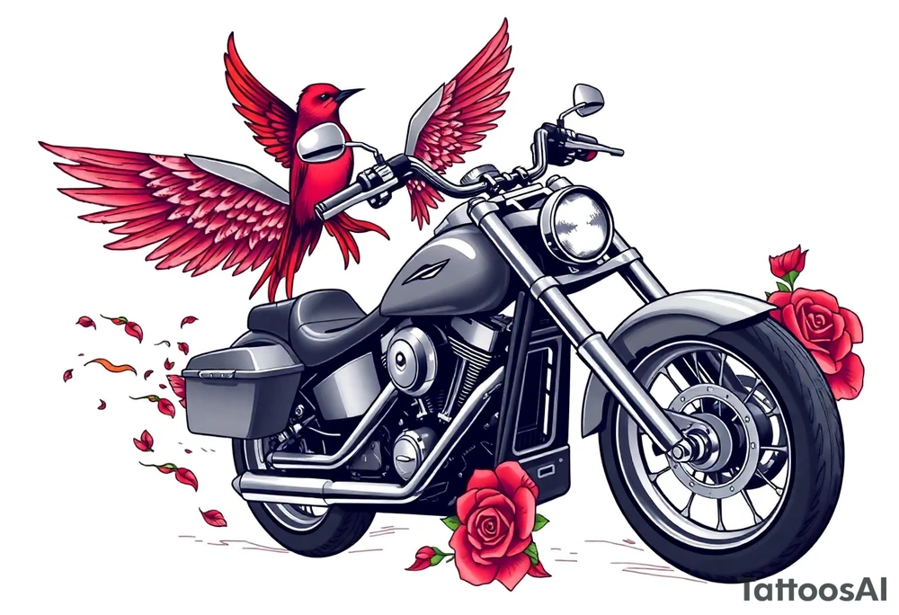 Harley grey motorcycle driving away, two red birds flying, roses, flames, angel wings tattoo idea
