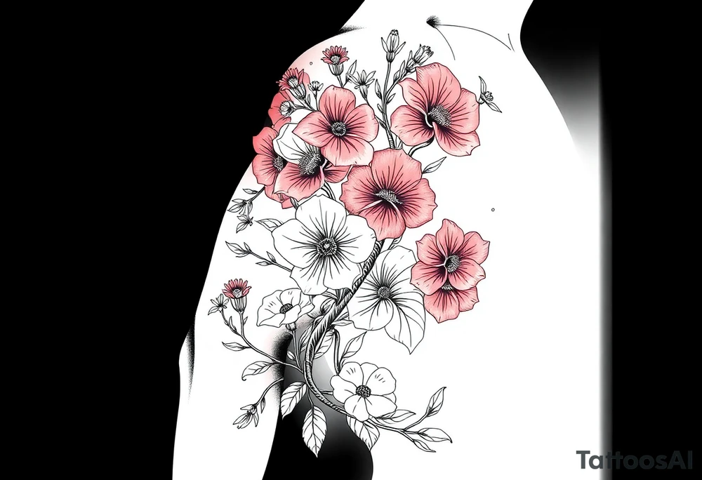 Full sleeve tattoo design of larkspur and hawthorn flowers, highly detailed line art, RED ink, elegant botanical style, intertwined composition, no shading, no human mock-up, clean stencil style suitable for tattooing, fit fully within boundaries. LINE ART ONLY, REMOVE HUMAN, NO SKIN, NO ARM, NO HUMAN BODY PARTS tattoo idea