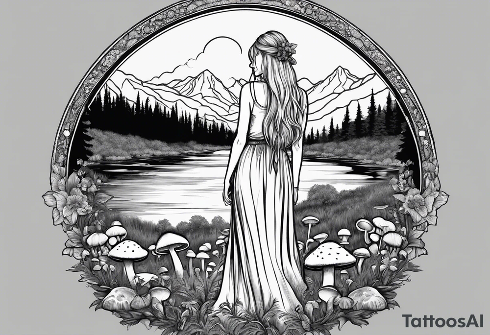 Straight long blonde hair hippie girl in distance holding mushrooms in hand facing away toward mountains and creek surrounded by mushrooms tee shirt and hiking pants; whole rendering within a full circle, no cut off circle tattoo idea