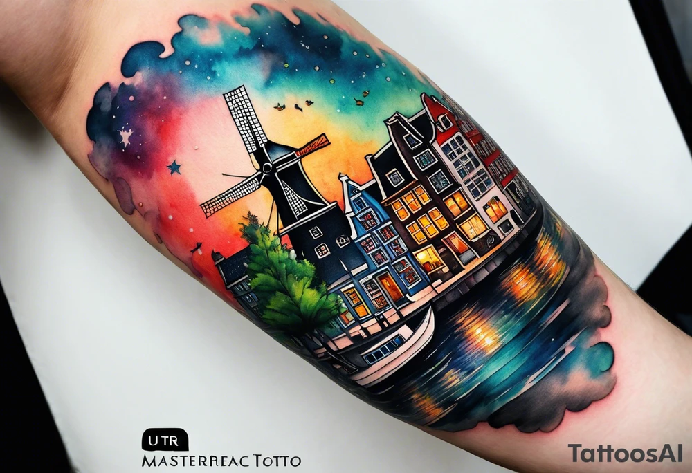 Watercolour style arm tattoo of Amsterdam houses and Amsterdam canal in space featuring wildlife, stag deer and pineapples at the bottom tattoo idea